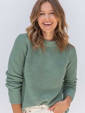 Pura Cashmere Sweater Cotton Fisherman Crewneck Knit Green Size M/L Quiet Luxury